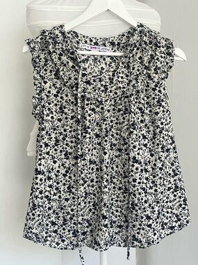 HYFVE light flowy Black and White Floral Ruffle Tie-Neck blouse